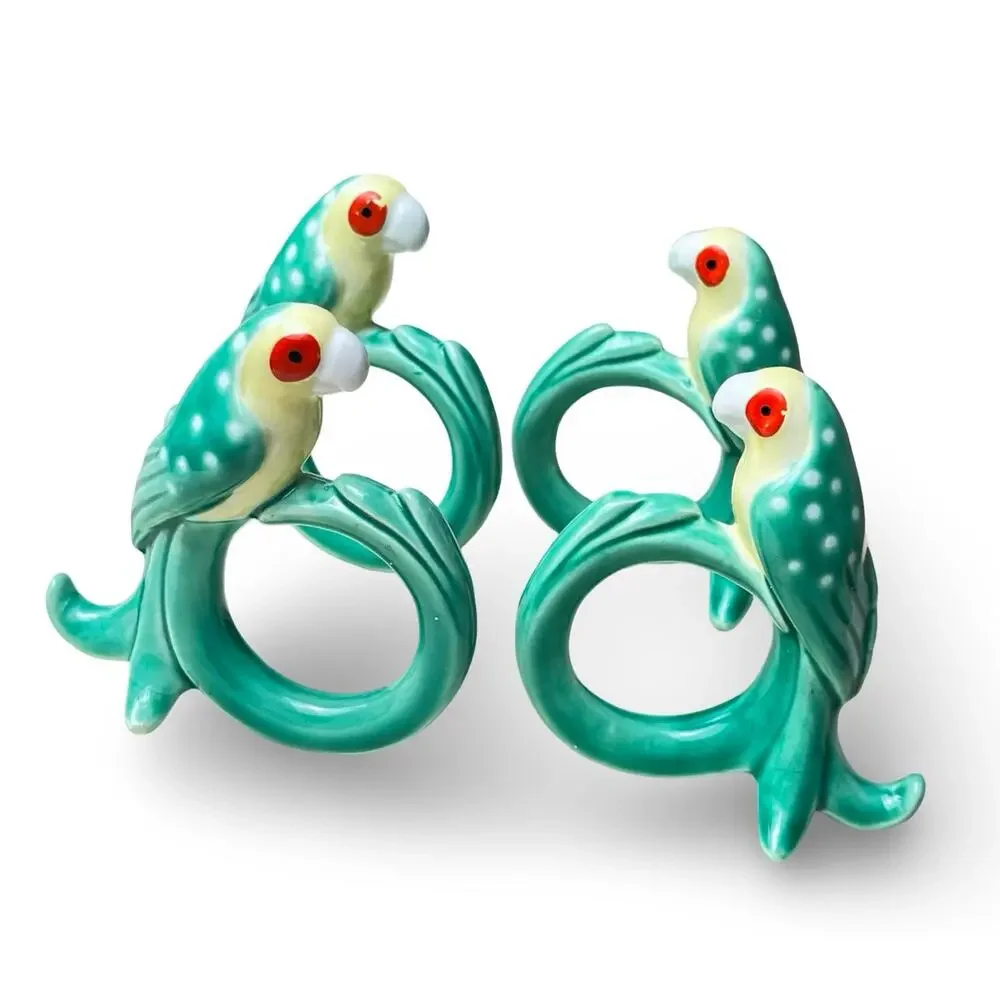 FITZ & FLOYD Vintage Ceramic Parrot Napkin Ring Holder Set Teal Green Bird Decor